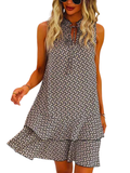 DORA™ - Women’s Geometric Print Bow Dress Casual Fitted Woven Dress with Multi-Layer Cake Skirt